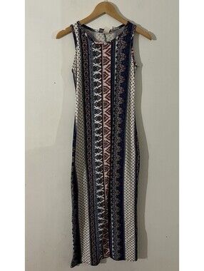 Discreet Boho Striped Multi Print Sleeveless Maxi Bodycon Dress Women’s Small